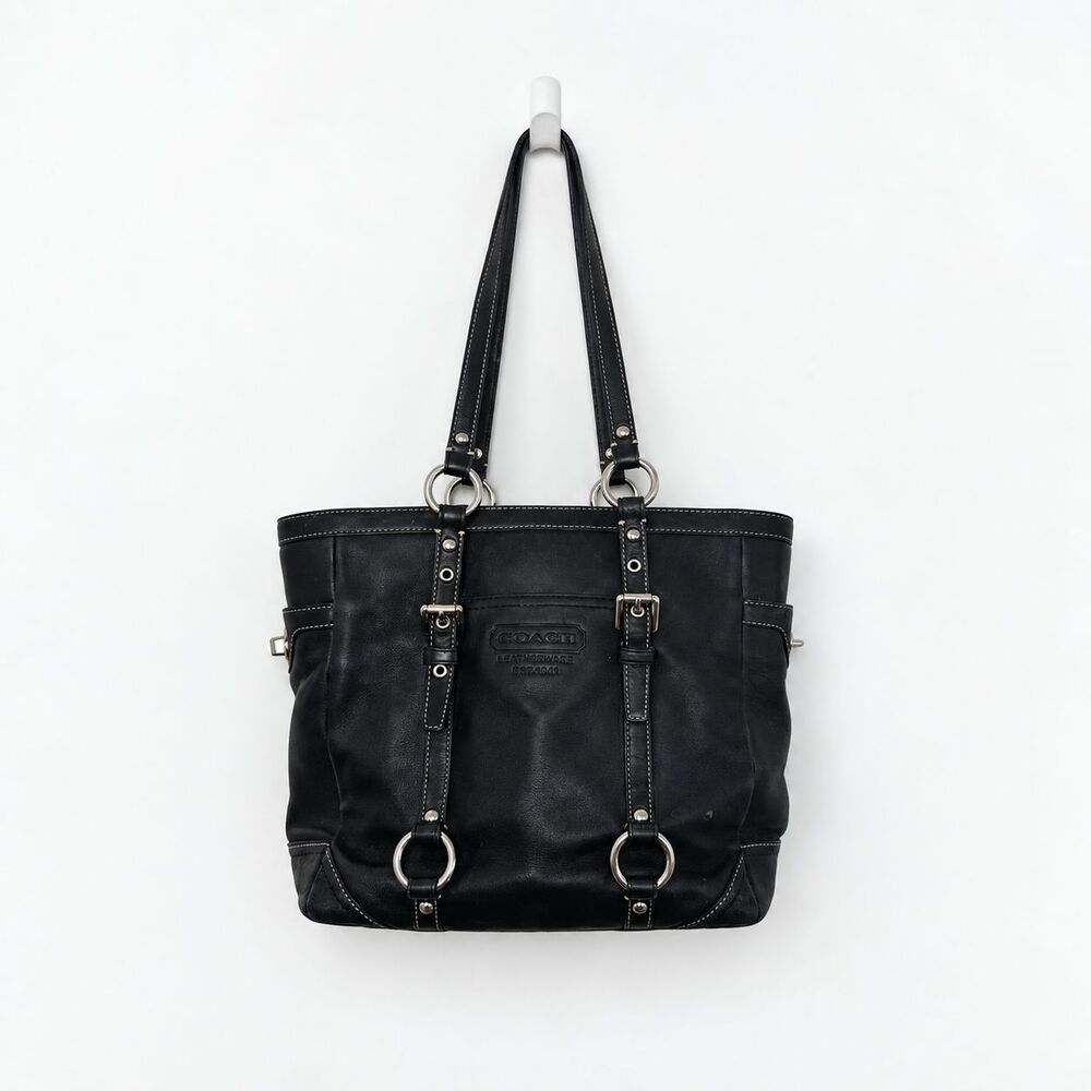 Coach Black Leather Tote Bag Y2K Shoulder Purse Silver Buckle Ring Vintage